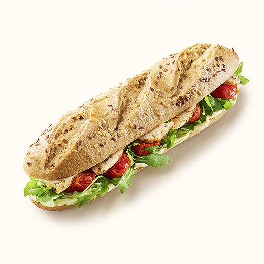 pain au lin, poulet rôti* mariné, sauce aïoli, tomates rôties, roquette * Origine France pain au lin, poulet rôti* mariné, sauce aïoli, tomates rôties, roquette * Origine France