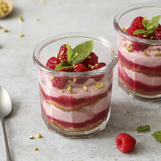 Mousse framboise, biscuit, sirop de fraise, coulis de fruits rouges, framboises, pistaches Mousse framboise, biscuit, sirop de fraise, coulis de fruits rouges, framboises, pistaches