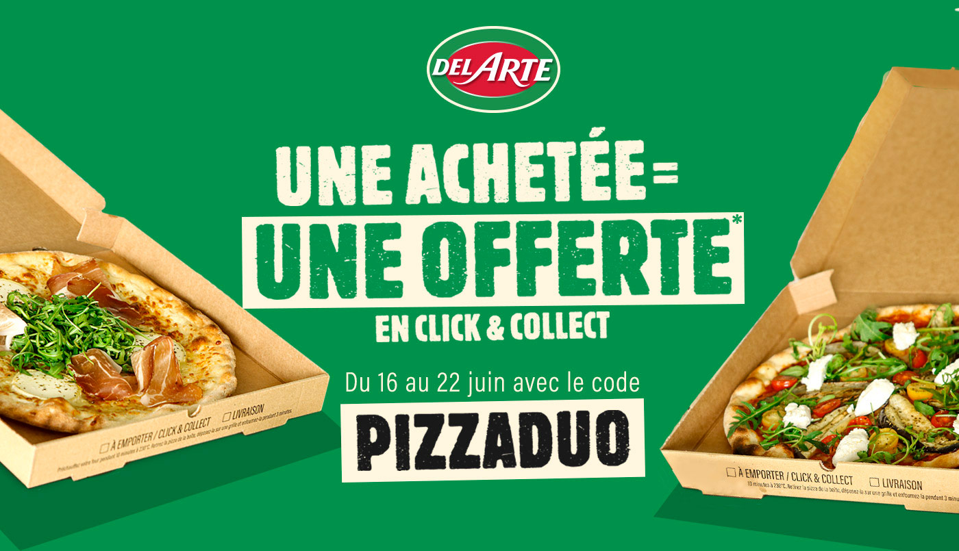 Offre Exclu Web Del Arte : 1 pizza achetée = 1 pizza offerte du 16 au 22 juin Offre Exclu Web Del Arte : 1 pizza achetée = 1 pizza offerte du 16 au 22 juin