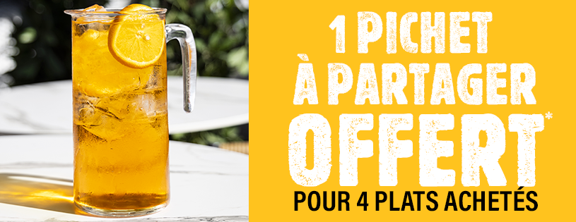 Promotion en restaurant Del Arte, 1 pichet à partager offert* pour 4 plats achetés